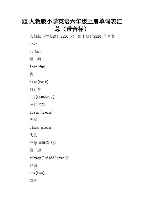 XX人教版小学英语六年级上册单词表汇总(带音标)