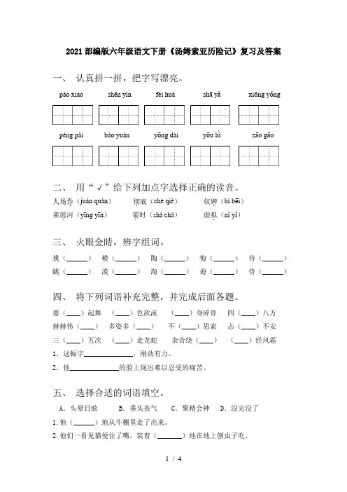 2021部编版六年级语文下册《汤姆索亚历险记》复习及答案