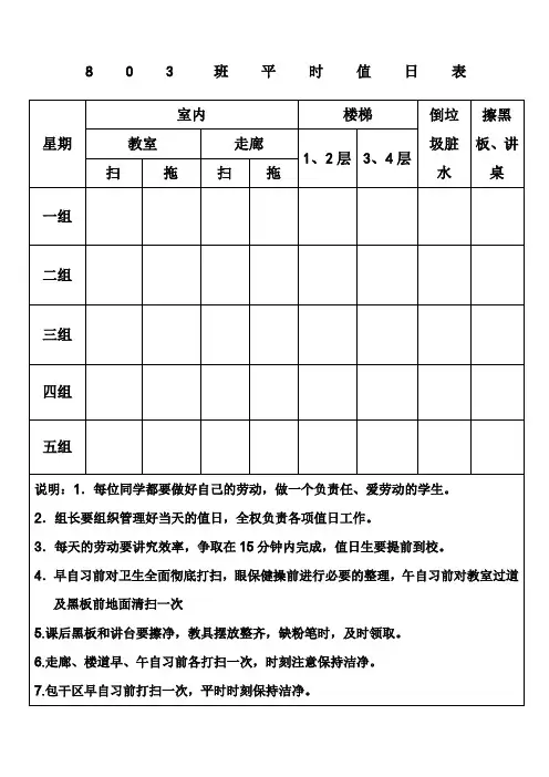 初中班级值日表模板
