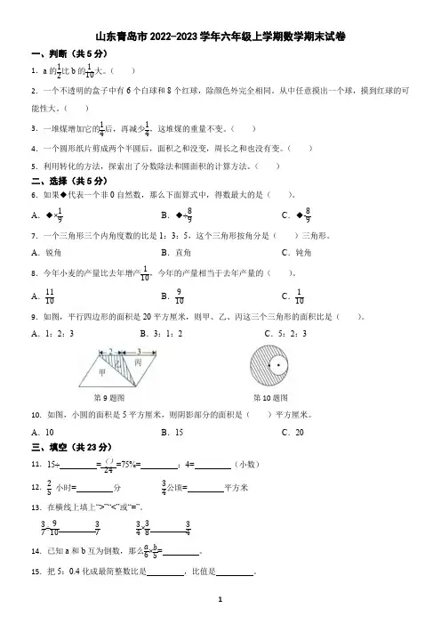 山东青岛市2022-2023学年六年级上学期数学期末试卷(含答案)2