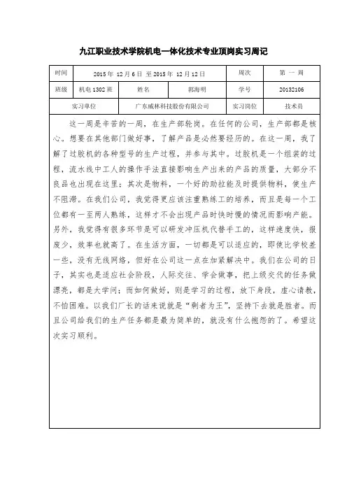 机电一体化技术专业大学生顶岗是实习周记十二篇500字