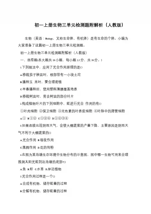 初一上册生物三单元检测题附解析(人教版)