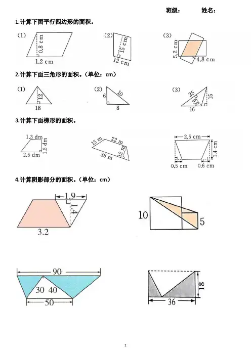 五年级数学上册专项训练——多边形的面积