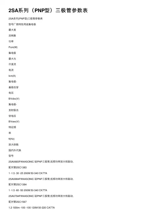 2SA系列（PNP型）三极管参数表