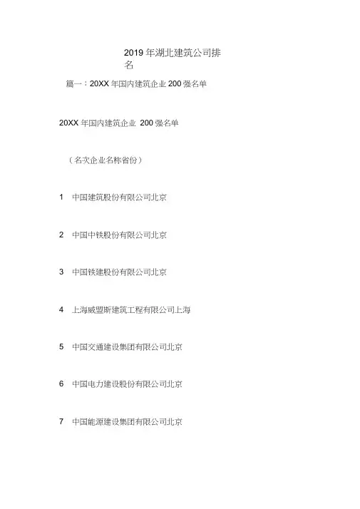 2019年湖北建筑公司排名