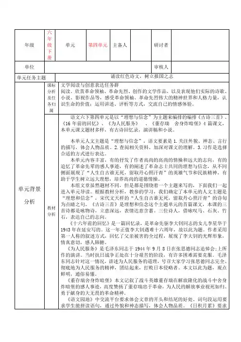 部编小学语文六年级下册第四单元单元备课