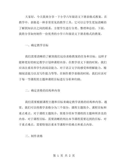小学六年级语文下册表格式教案分享