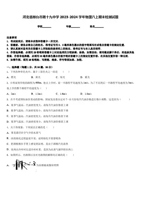 河北省邢台市第十九中学2023-2024学年物理八上期末检测试题含答案