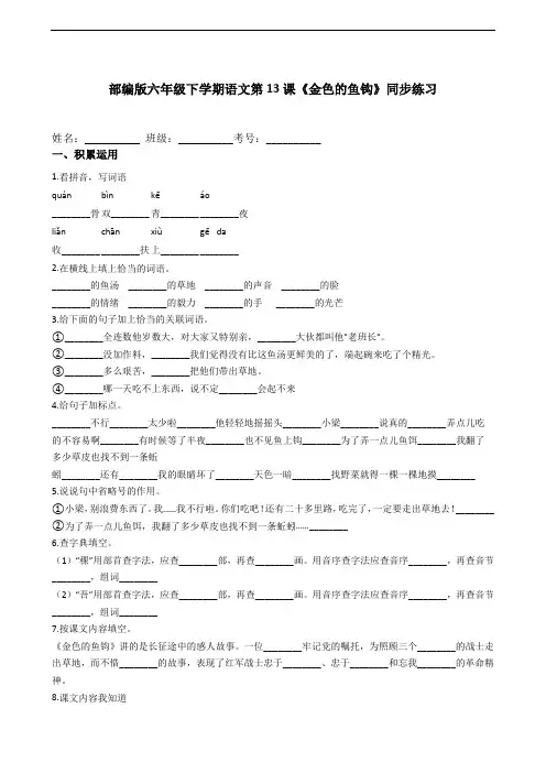 部编版六年级下学期语文第13课《金色的鱼钩》同步练习