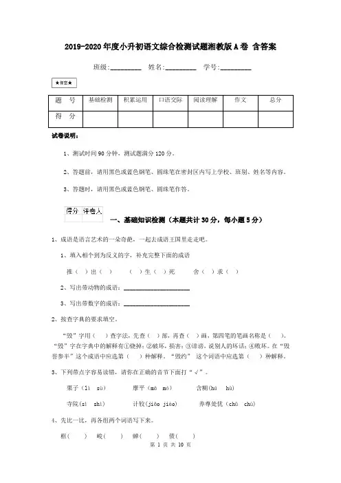 2019-2020年度小升初语文综合检测试题湘教版A卷 含答案