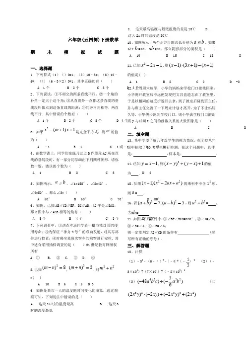 鲁教六年级五四制下册数学期末模拟试题二