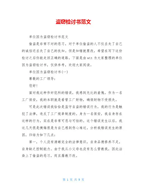 盗窃检讨书范文
