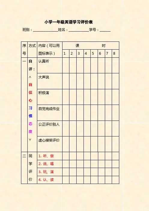 小学一年级英语学习评价表