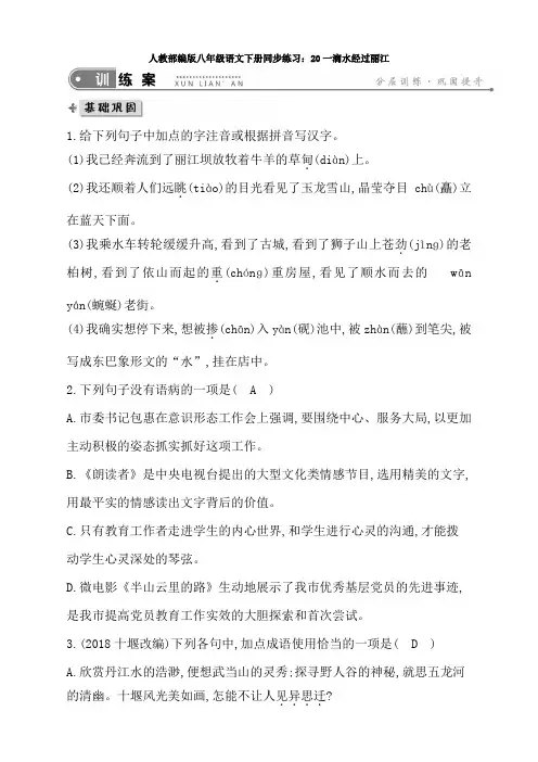 人教部编版八年级语文下册同步练习：20一滴水经过丽江