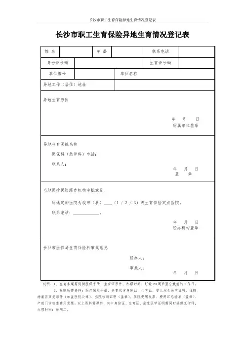 长沙市职工生育保险异地生育情况登记表