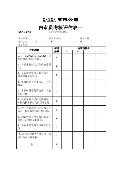 公司内审员考核评估表