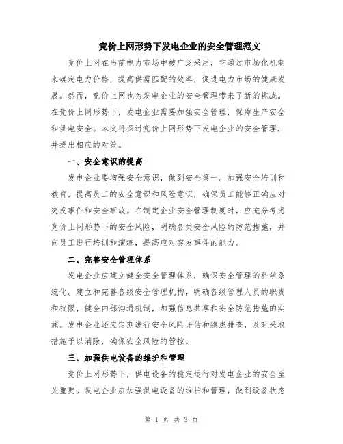 竞价上网形势下发电企业的安全管理范文