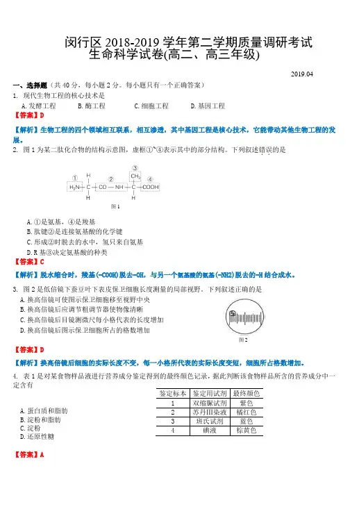 2019年4月上海闵行区高三二模生物试卷及详细答案解析、评分标准