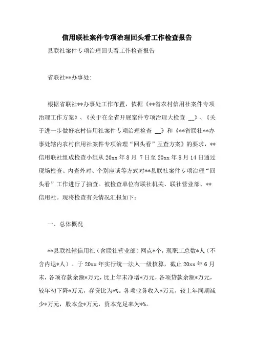 信用联社案件专项治理回头看工作检查报告