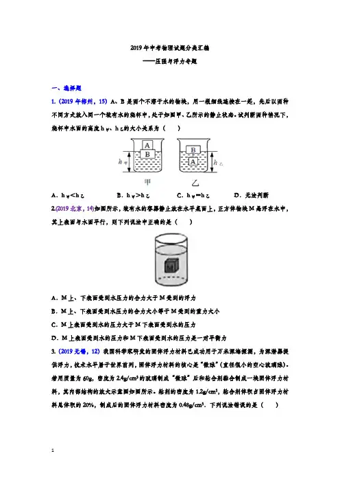《中考精品》2019年中考物理真题分类汇编——压强与浮力专题(试题版)