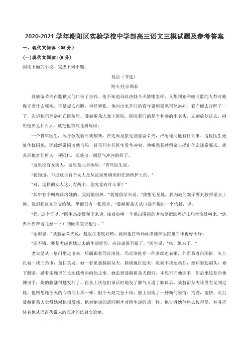 2020-2021学年潮阳区实验学校中学部高三语文三模试题及参考答案