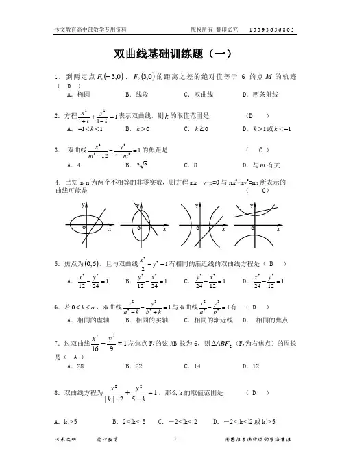 (完整word版)打印双曲线基础训练题(含答案),推荐文档