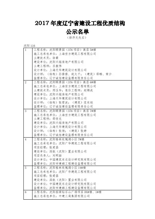 2017年度辽宁建设工程优质结构