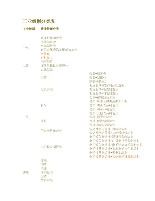 工业级别分类表