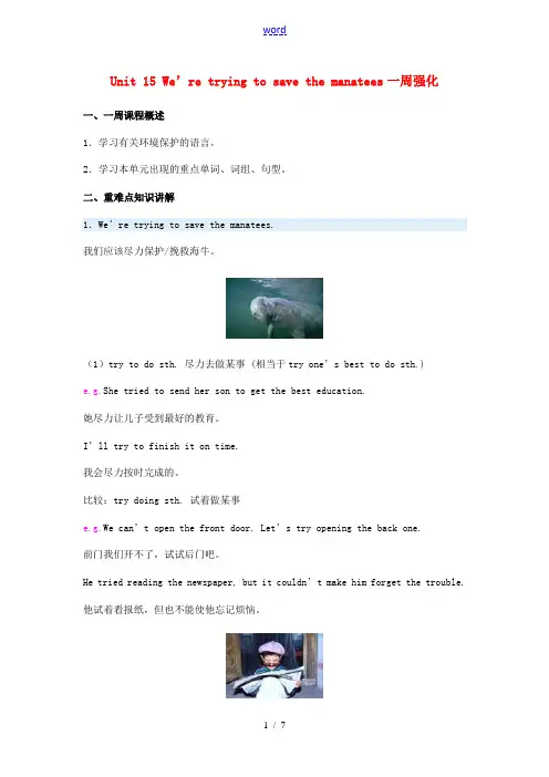 九年级英语Unit 15 We’re trying to save the manatees一周强化
