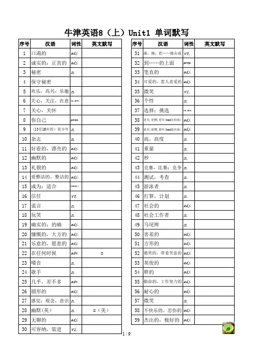 译林版牛津英语,八年级上8A 单词