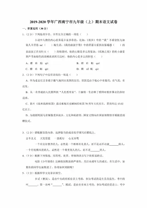 2019-2020学年广西南宁市九年级（上）期末语文试卷