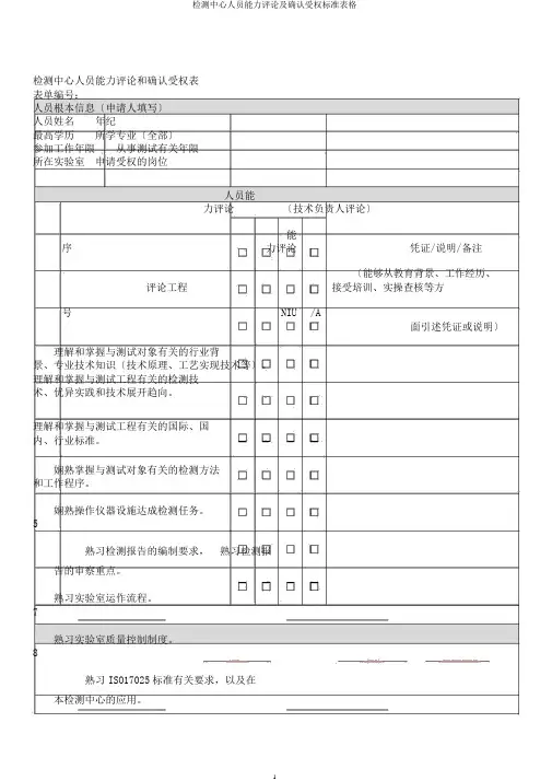 检测中心人员能力评价及确认授权标准表格