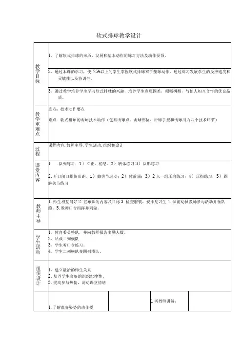 人教版六年级上册体育软式排球 (教学设计)