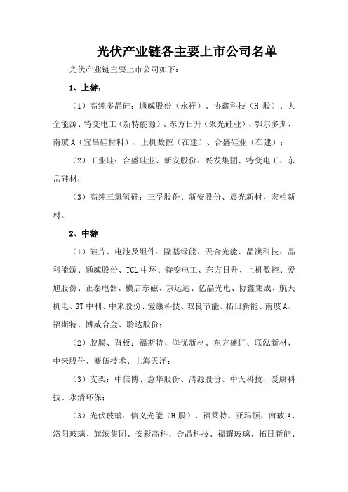 光伏产业链各主要上市公司名单