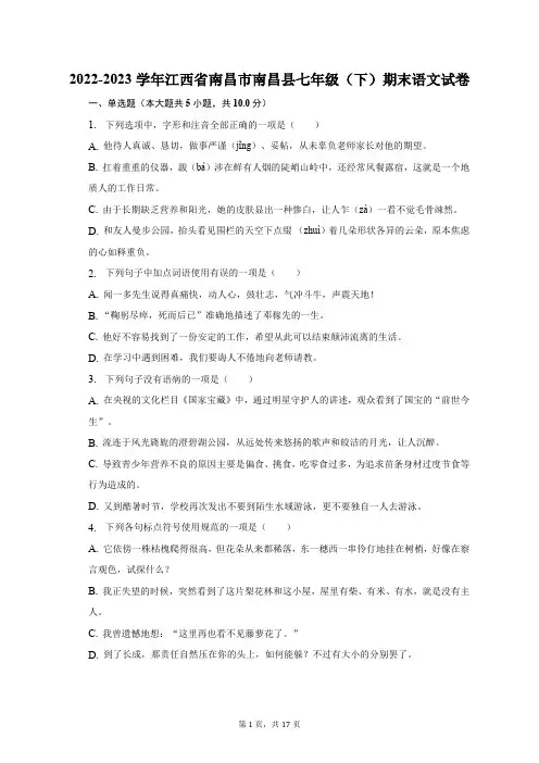 2022-2023学年江西省南昌市南昌县七年级(下)期末语文试卷(含解析)