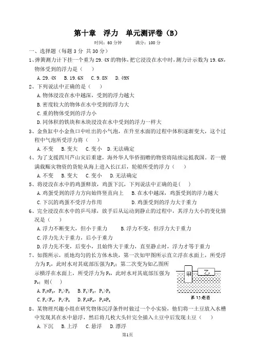 第十章  浮力  单元测评卷(B)