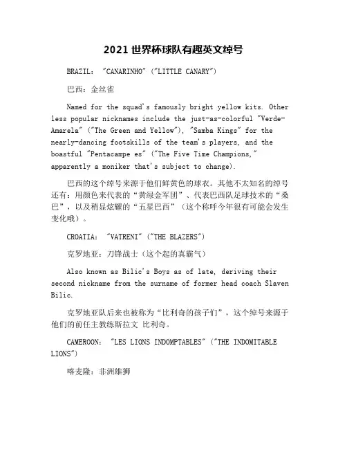 2021世界杯球队有趣英文绰号