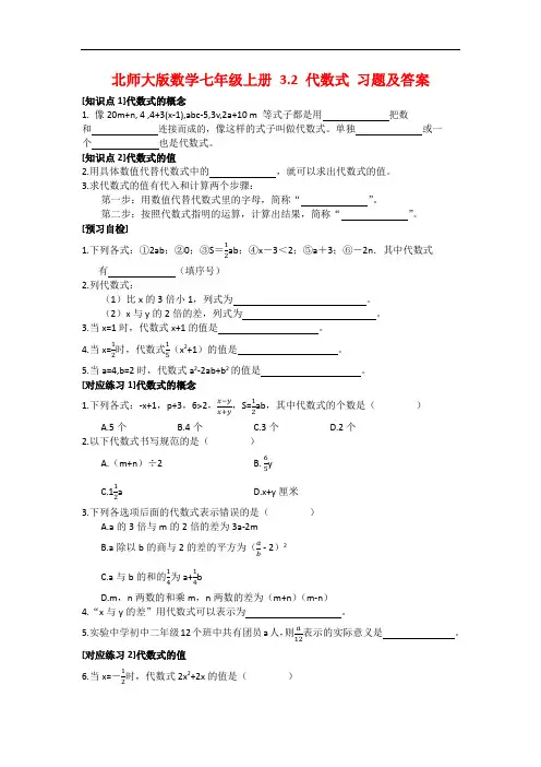 北师大版数学七年级上册 3.2 代数式 课时习题及答案