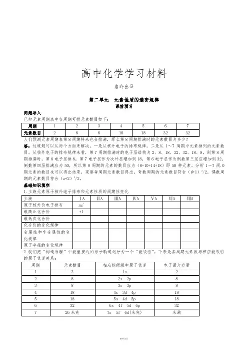 苏教版高中化学选修三第二单元 元素性质的递变规律.doc