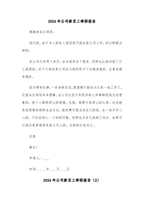 2024年公司新员工辞职报告（4篇）