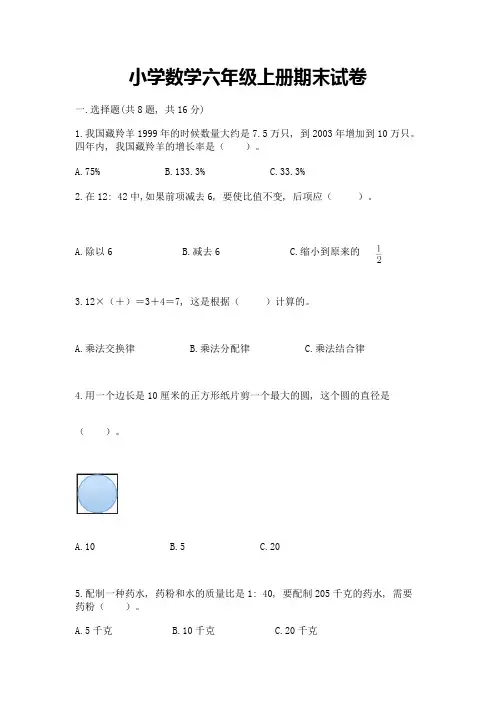 小学数学六年级上册期末试卷含答案(完整版)