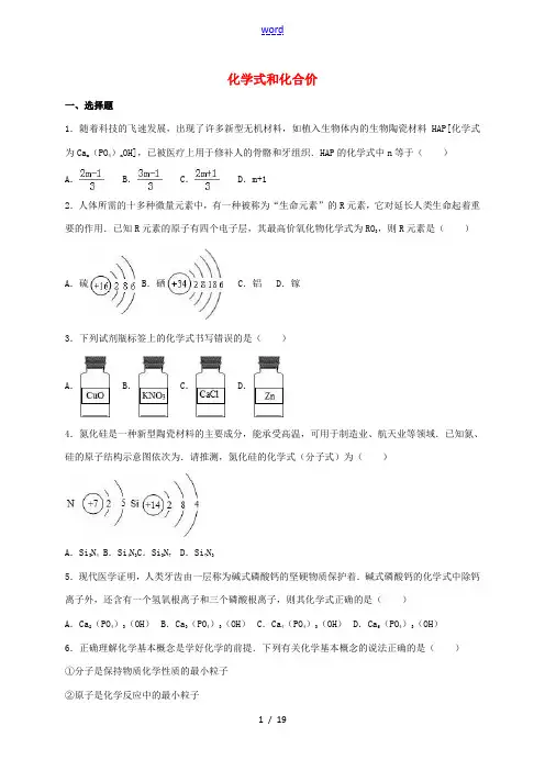 中考化学 化学式和化合价培优专题练习(含解析)-人教版初中九年级全册化学试题