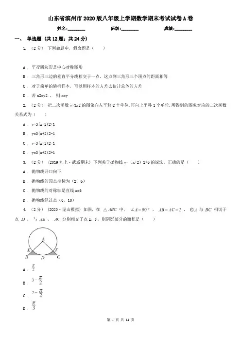 山东省滨州市2020版八年级上学期数学期末考试试卷A卷