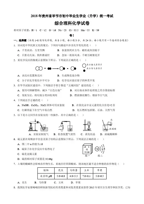 2018年贵州省毕节市中考化学试卷(WORD版  附答案)