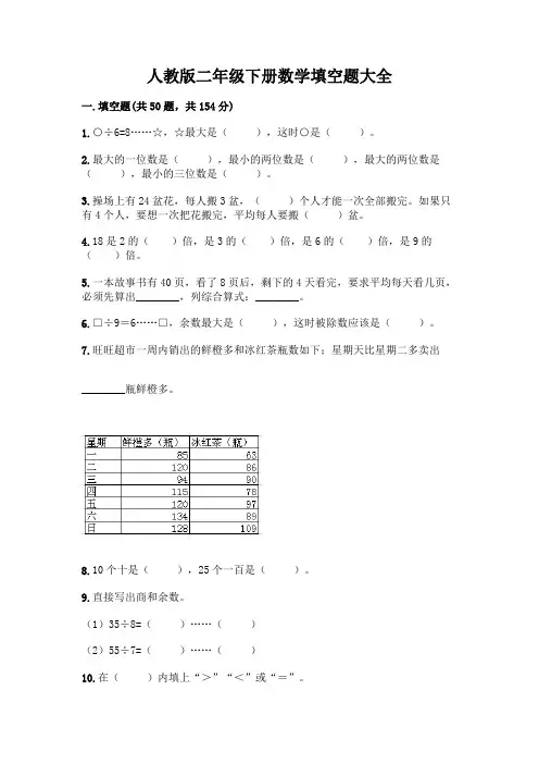 人教版二年级下册数学填空题大全【含答案】