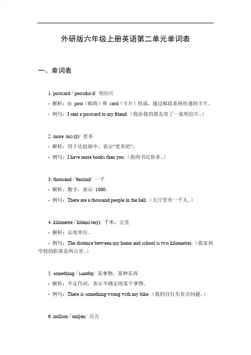 六年级上册英语外研版第二单元单词