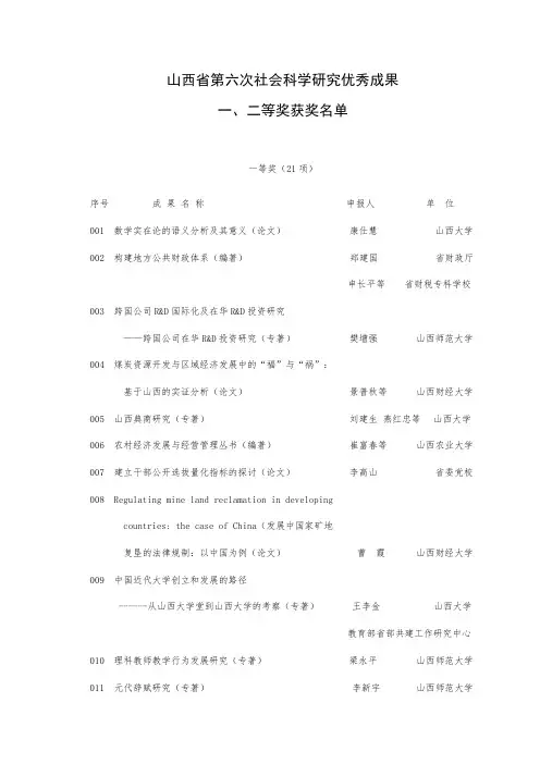 山西省第六次社会科学研究优秀成果(1)