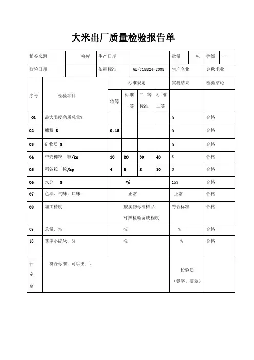 大米出厂质量检验报告单