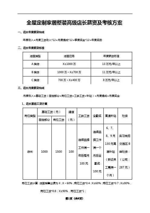 全屋定制家居整装高级店长薪资及考核方案