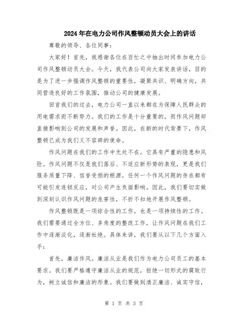 2024年在电力公司作风整顿动员大会上的讲话